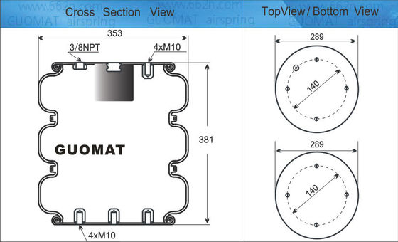産業用エアスプリング 4xM10 スクロール GUOMAT NO. 3B7383-3/8 ベロー No.3B383 天然直径 351mm